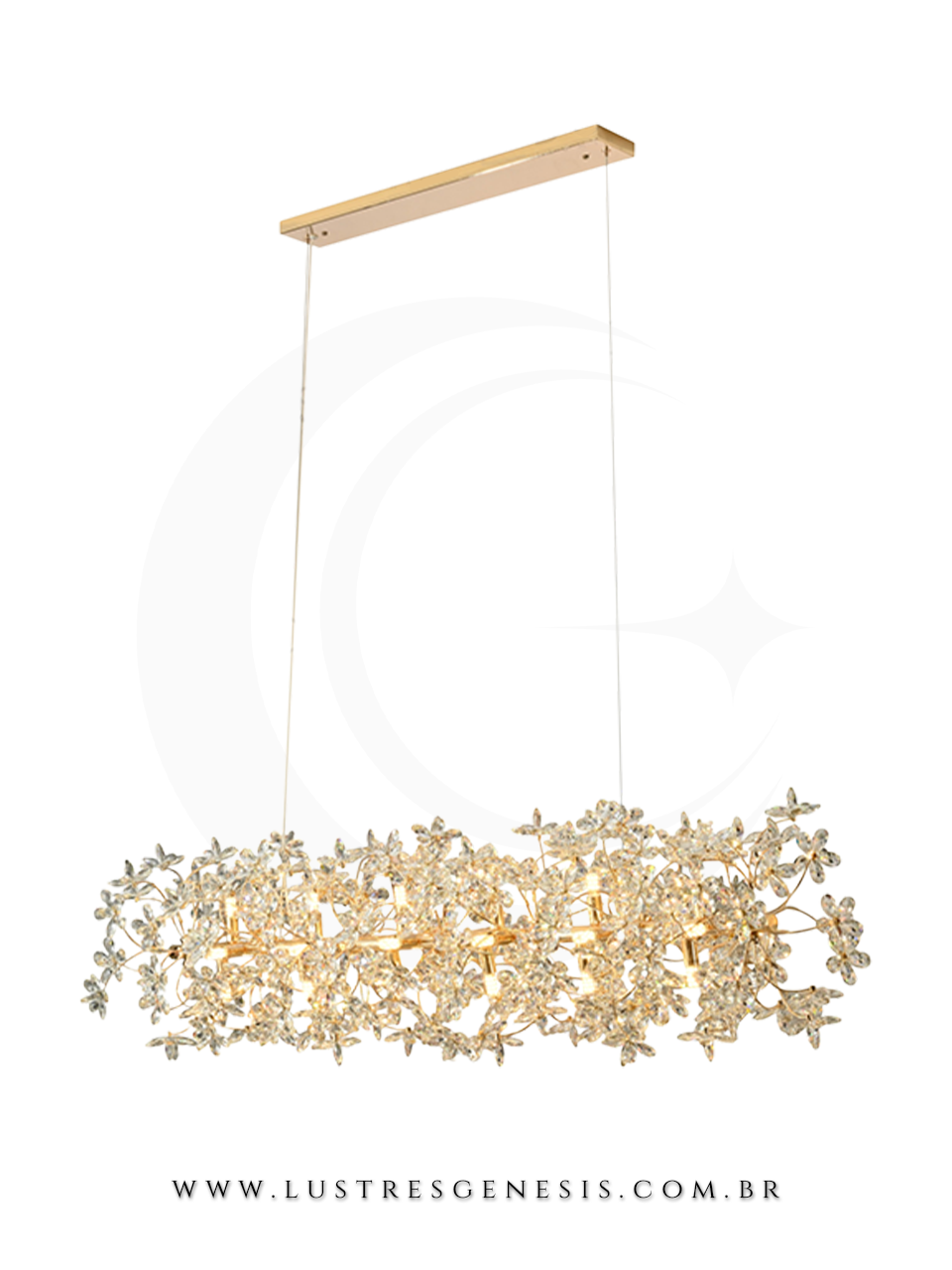 Lustre Pendente Contemporaneo DCD06245 Metal Dourado Cristal 140x35cm, Mesa Sala de Jantar, Quarto Casal, Cozinha, Sala de Estar